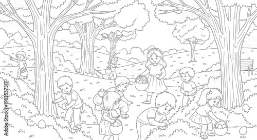 Several happy children are actively searching for hidden Easter eggs amongst the trees and bushes in a charming outdoor park setting, ready for creative coloring fun and festive holiday celebration.