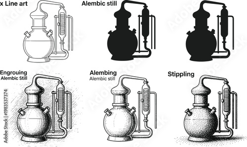 Foto Alembic Still Icon Set Featuring Line Art, Engraving, Stippling, and Silhouette