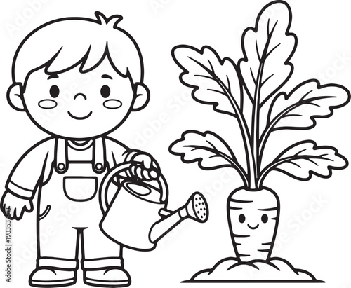 A cute cartoon vector illustration of a little boy watering a plant and holding a flower for a children's coloring book drawing