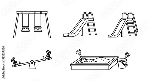 Playground equipment line drawing depicts swings slides and a seesaw silhouette
