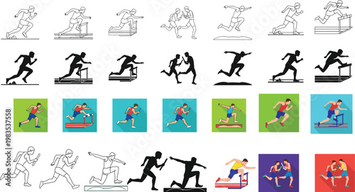 Running and Hurdles Icons Set Featuring Athletes, Track and Field, and Sports Action in Multiple Styles