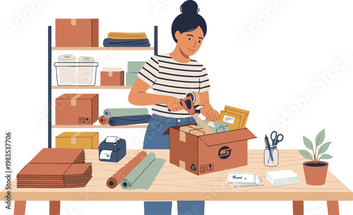 Young woman packing boxes for e-commerce small business shipping