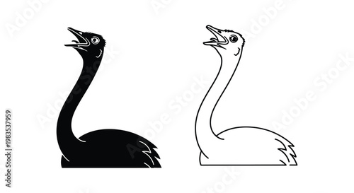Black and White Emu vs Ostrich Bird Illustrations Vector