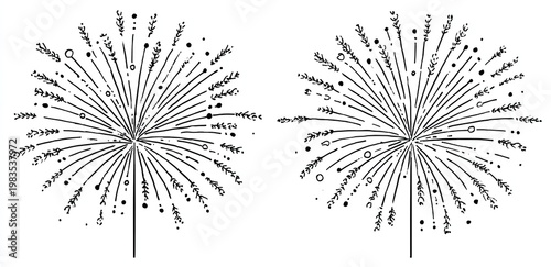 Two symmetrical, stylized fireworks explode outward with linear and dotted elements
