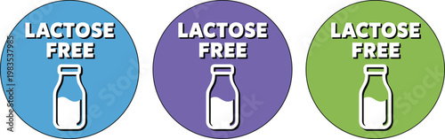 Lactose Free Round Label Badges with Milk Bottle Icon Colorful Dietary Product Sticker Set for Food Packaging Vector Illustration