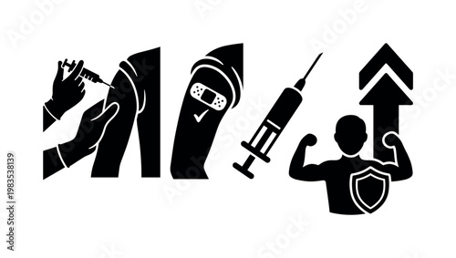 arm vaccination injection icon, bandage on arm after shot, healthcare worker syringe action, patient receiving vaccine icon,