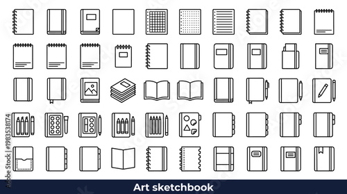 Collection of diverse sketchbook and notebook icons for creative projects