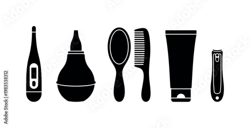 thermometer digital baby, nasal aspirator device, baby brush and comb, diaper cream tube, baby nail clipper small bold black