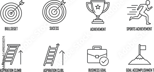 Goal Achievement and Success Icons Set Featuring Bullseye, Trophy, Business Goals, and Aspiration Climb Symbols