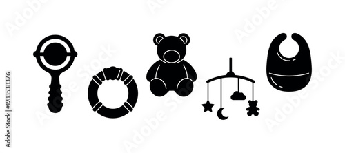 baby rattle toy handle, teething ring circular, soft plush toy animal, baby mobile hanging, baby bib front cover bold black