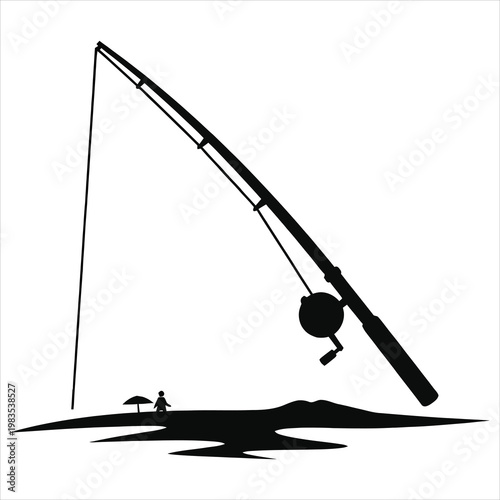 Fishing rod stands tall over a calm shoreline where a tiny person relaxes under a parasol near the water.