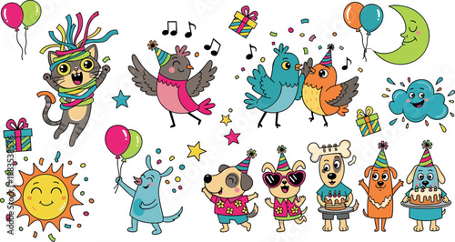 Cute Cartoon Animal Birthday Party Set with Singing Birds Dancing Pets Balloons Gifts Cake Fun Celebration Illustration