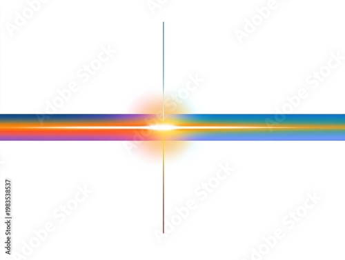 Colorful cross, horizontal & vertical, vibrant hues, emanating bright light, white background