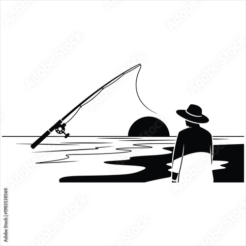 Fisherman waits patiently with a rod by the calm water during a sunset.