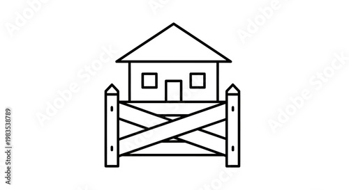 Minimalist line drawing of a house on stilts behind a decorative fence