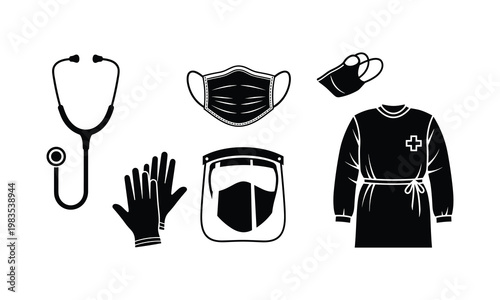 Essential medical and safety equipment icons for healthcare professionals