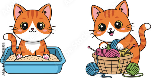 Cute Cat Cartoon Set with Kitty in Litter Box and Playing with Yarn Balls for Kids Pet Illustration and Animal Design Collection