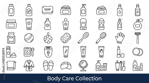 Collection of line art icons representing various body care and beauty products
