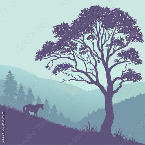 A horse stands under a tree on a hillside
