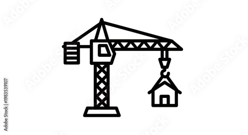 A minimalist line drawing of a tower crane lifting a house structure
