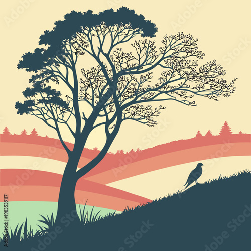 A tree on a hill with a bird perched on the side