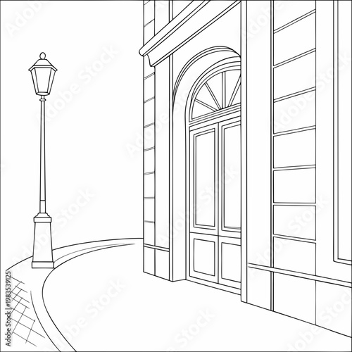 A black and white drawing of a building with a street lamp