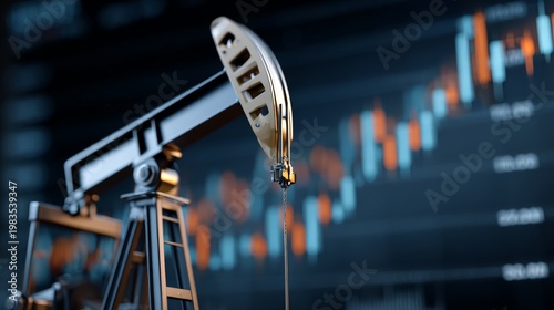 Oil pump jack operates against a backdrop of stock market data showing price changes for oil commodities and financial trends