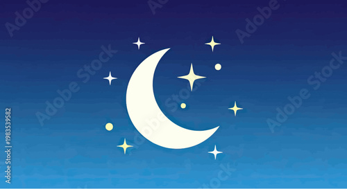 A bright crescent moon glows in a dark blue gradient sky with scattered stars
