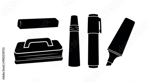chalk stick piece, eraser rectangular, chalk holder cylinder, marker pen thick, highlighter pen angled bold black silhouette