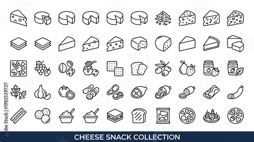 Diverse collection of cheese and snack icons for culinary and food-related designs
