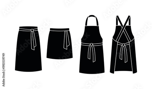 chef apron full-length, waist apron tied, half apron front, bib apron with strap, cross-back apron style bold black silhouette