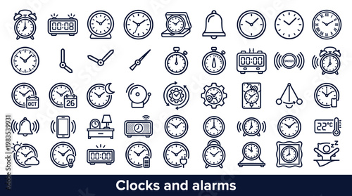 Collection of diverse clock and alarm icons for time management and scheduling
