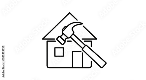A black outline of a house with a hammer
