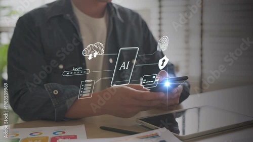 Mobile phone artificial intelligence and cyber security technology. Smart digital data protection, cloud network connection, online business communication app, and futuristic innovation concept.