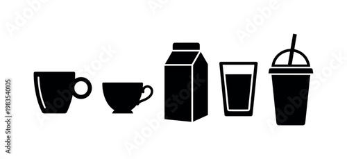 coffee cup round handle, tea cup small handle, milk carton rectangular, orange juice glass, smoothie cup tall bold black