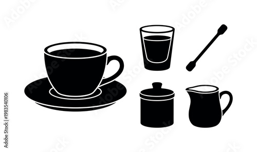 coffee cup saucer round, espresso shot glass, coffee stirrer stick, sugar container small, creamer pitcher mini bold black