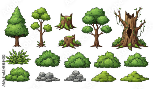 Forest nature elements vector cartoon set tree stump bush stone game UI