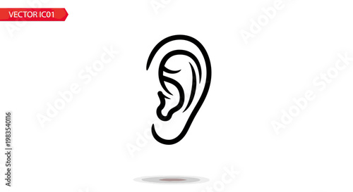 Stylized black outline of a human ear, casting a subtle shadow