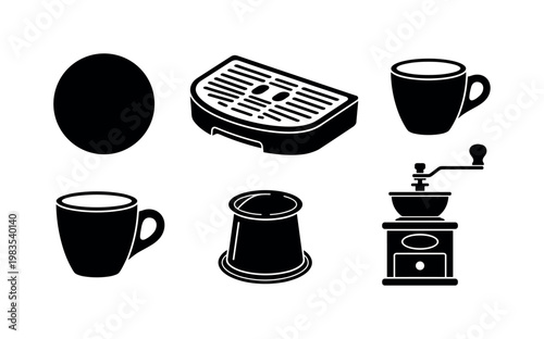 coffee filter paper round, drip tray removable, espresso cup small, coffee pod capsule, grinder hand crank bold black silhouette