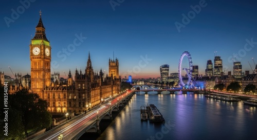 Iconic london skyline at dusk with big ben and london eye
