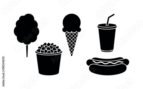 cotton candy stick fluffy, popcorn bucket round, ice cream cone scoop, soda cup with straw, hot dog bun with sausage bold black