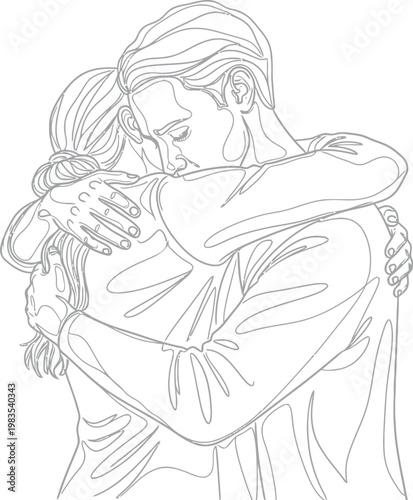 Elegant continuous line art illustration portraying a loving couple sharing a warm, tender hug, symbolizing comfort, support, and deep emotional connection between two individuals in a relationship.