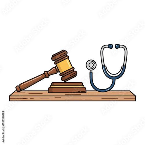 Stethoscope and Judge Gavel Illustration Representing Medical Law