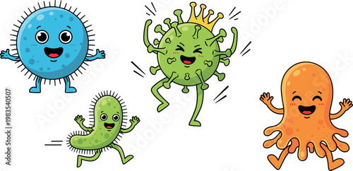 Cute cartoon germ and bacteria characters vector set with funny microbes virus mascot icons colorful playful science illustration collection