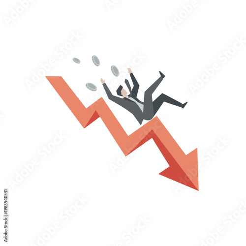 Businessman falling down alongside a red downward arrow representing financial loss and economic crash.