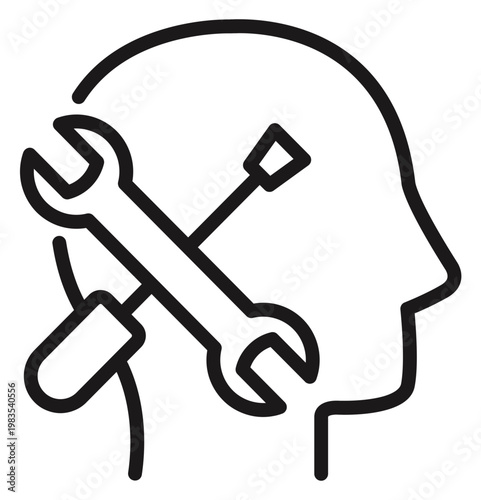 Black vector icon illustration of a human head silhouette with a crossed wrench and screwdriver inside, symbolizing mental health repair, cognitive therapy, technical skills, and problem solving.