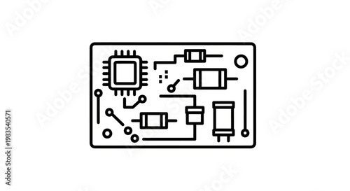 Stylized line art of an electronic circuit board with a processor and components