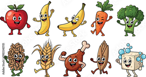 Cute cartoon food characters vector set with fruits vegetables grains meat dairy smiling mascots playful healthy eating icons collection
