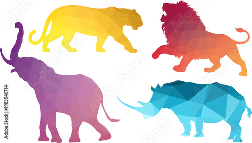 Colorful low poly wild animals set lion elephant rhinoceros big cats geometric polygon