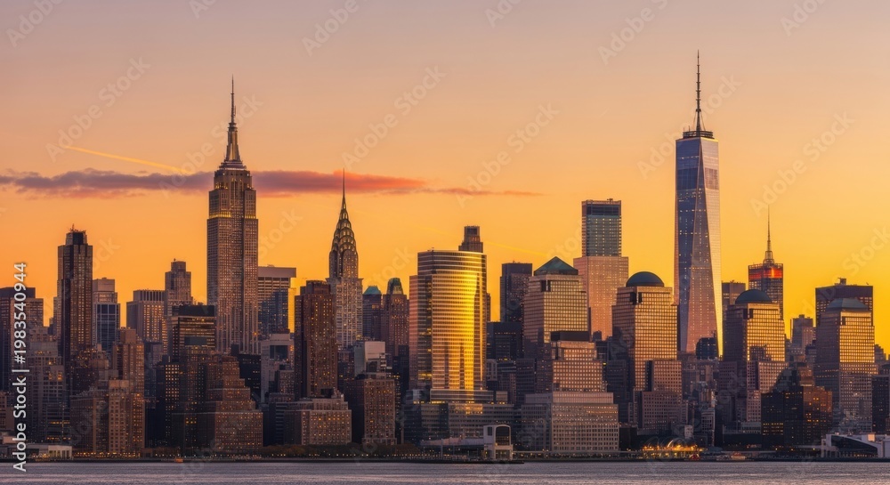 Naklejka premium New york city skyline at sunset with iconic buildings